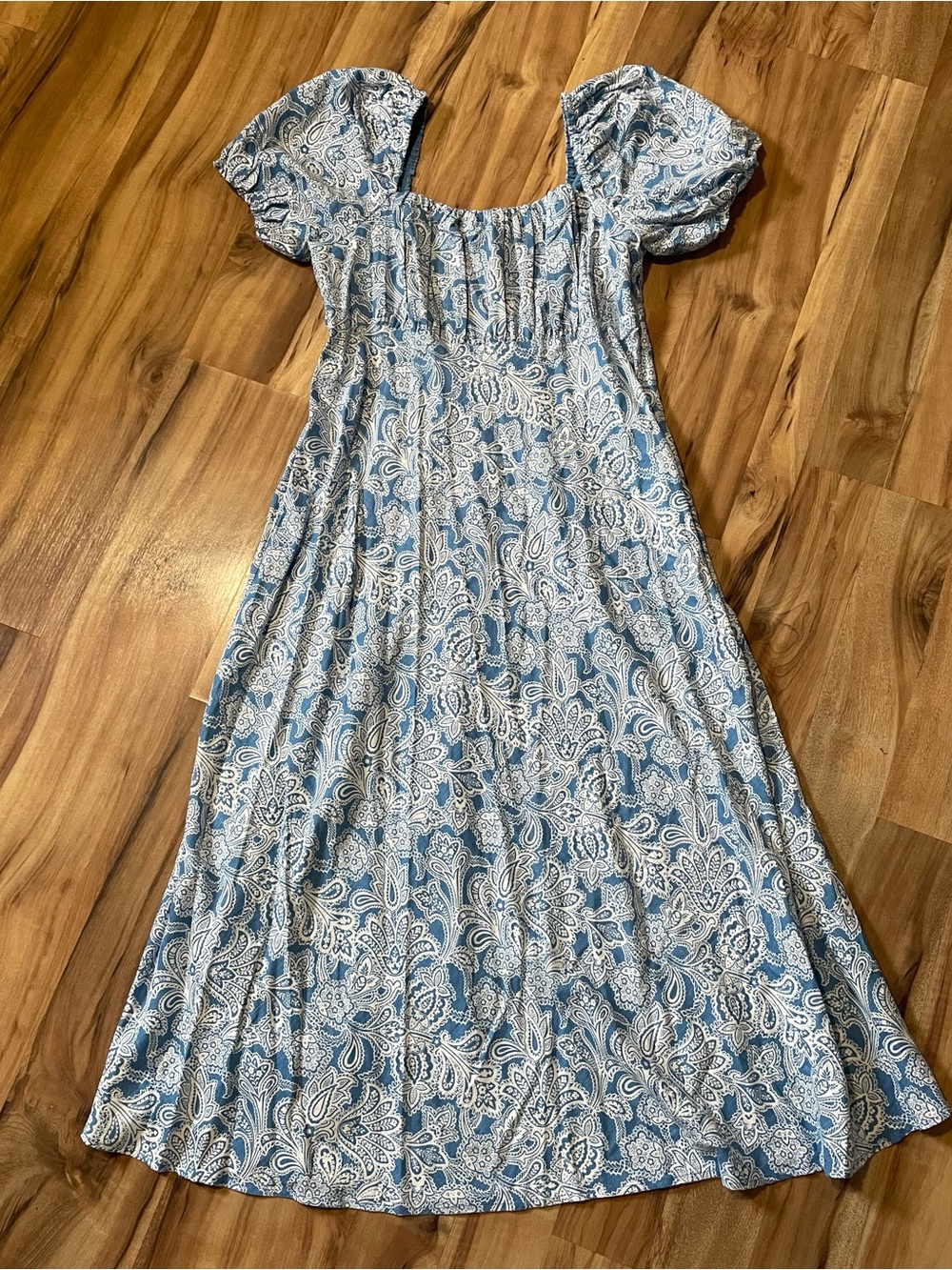 Boden Blue Paisley Cottagecore Puff Sleeve Linen Blend Ruched Midi Dress Size 14